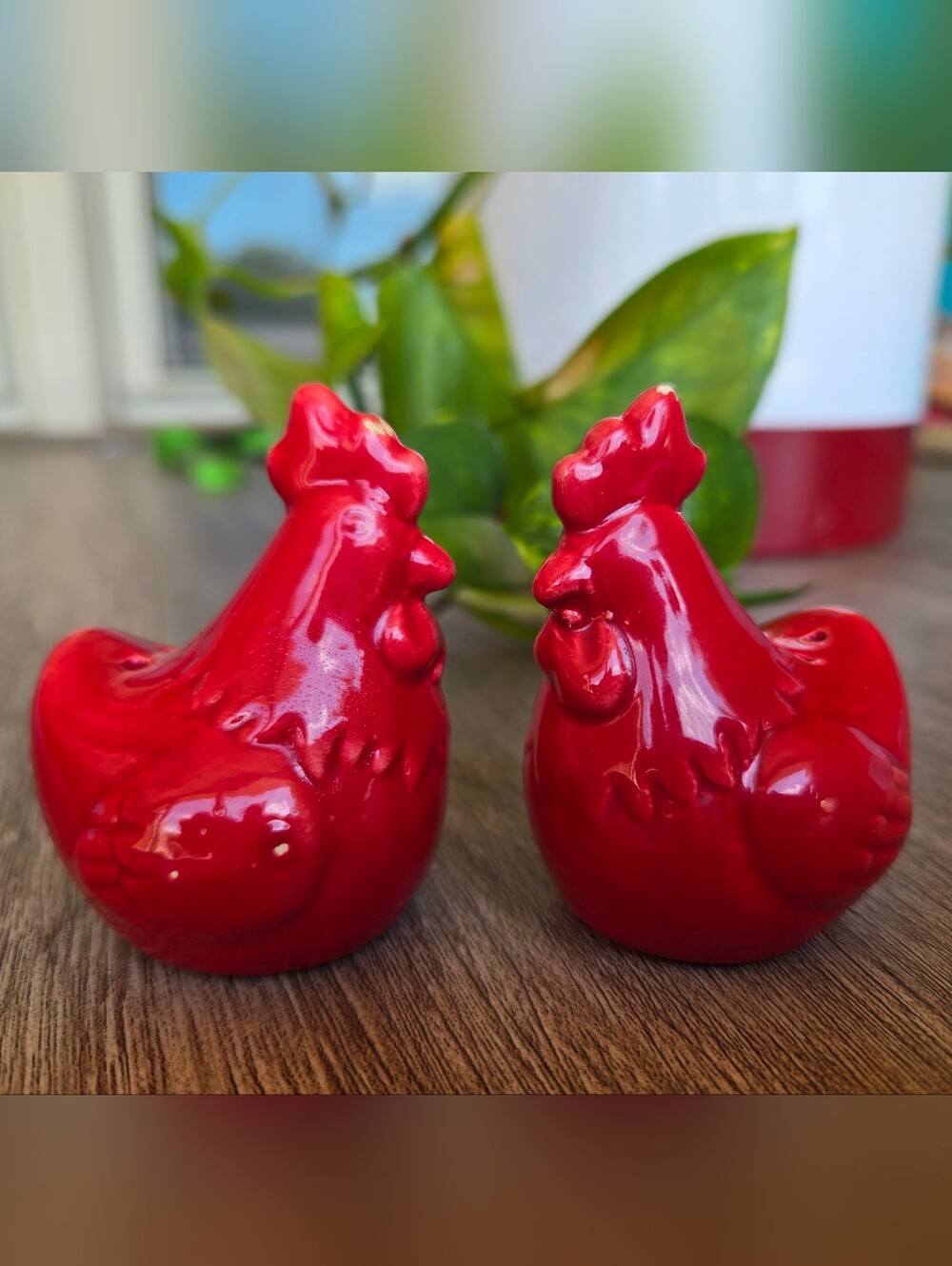 Glossy Red Ceramic Hen Salt & Pepper Shakers